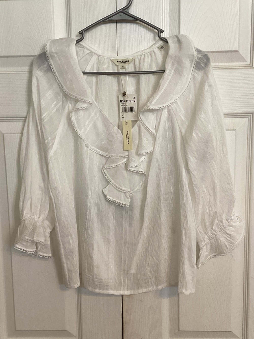 Max Studio White Ruffle V-Neck Blouse